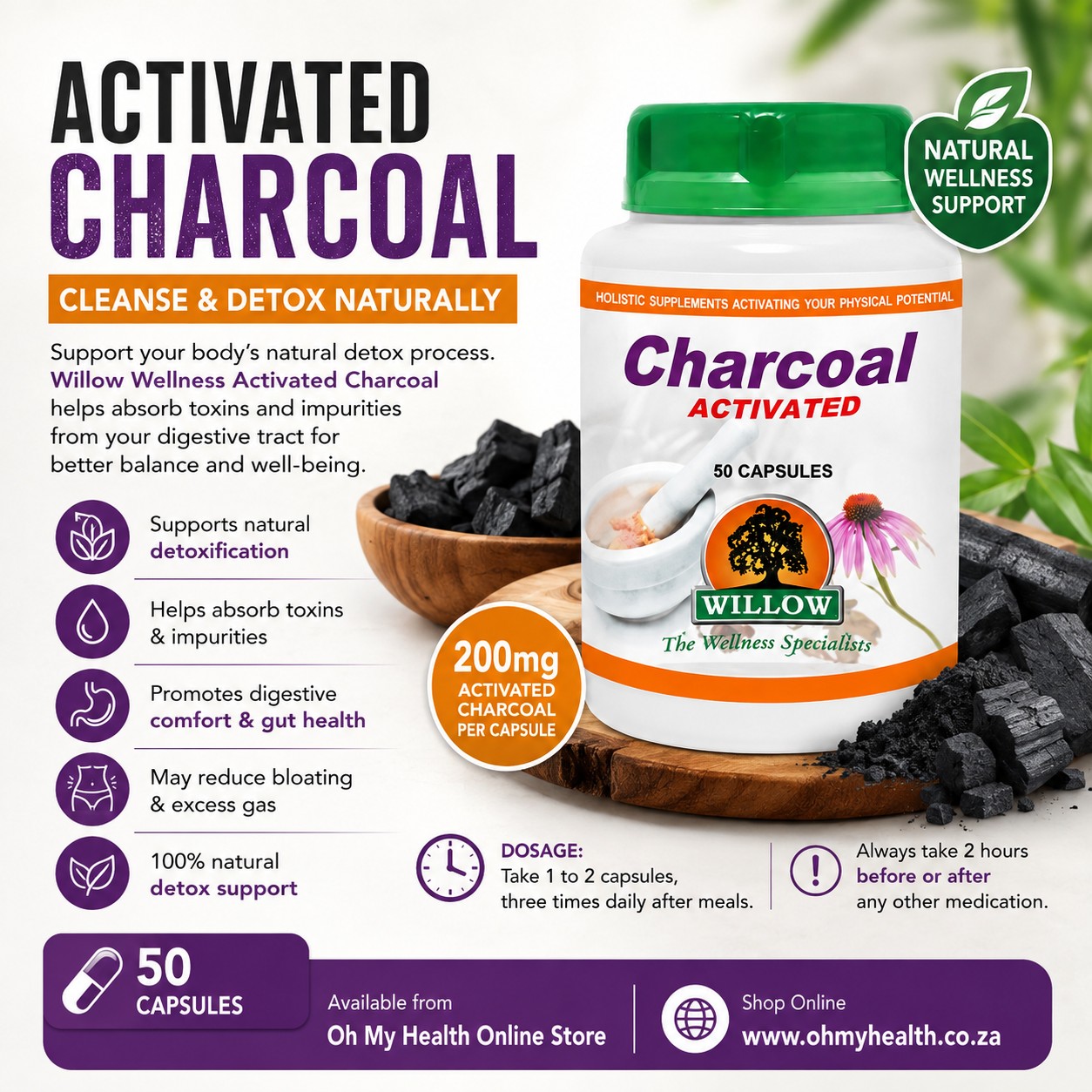 Willow Wellness Activated Charcoal 50's - Image 2