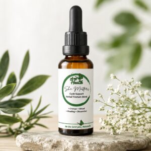 She Matters Cycle Support Herbal Tincture 30ml by Oh My Health displayed with two smiling teenage girls walking outdoors, promoting natural menstrual support for cramps, bloating, mood, and cycle comfort.