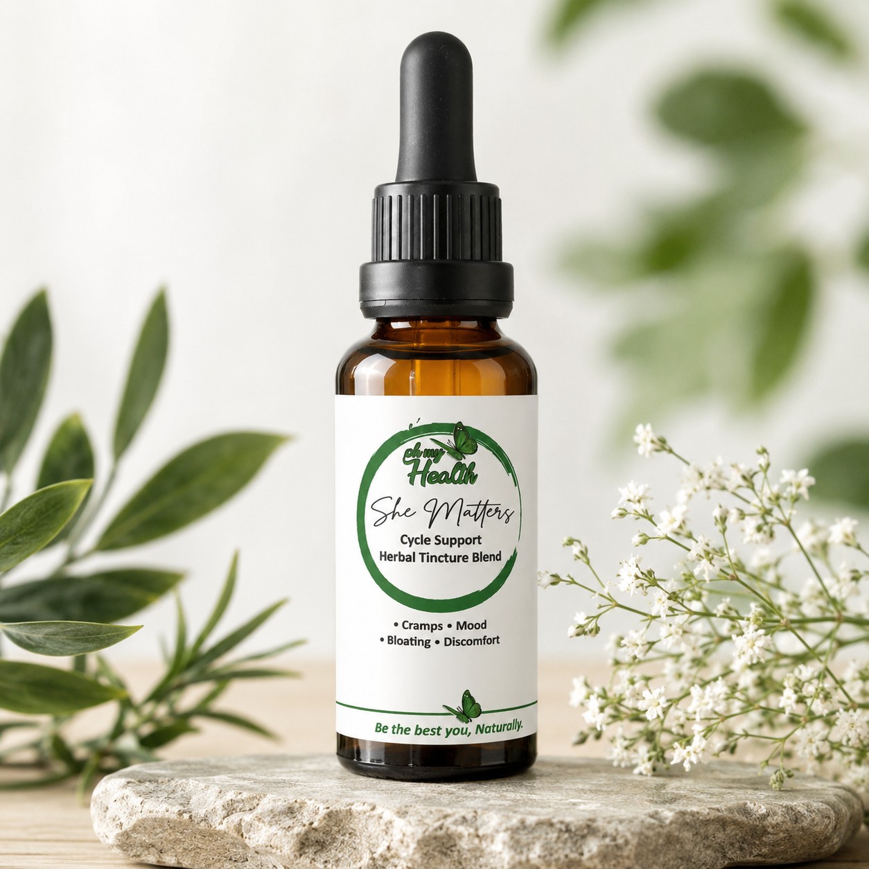 She Matters Cycle Support Herbal Tincture 30ml by Oh My Health displayed with two smiling teenage girls walking outdoors, promoting natural menstrual support for cramps, bloating, mood, and cycle comfort.