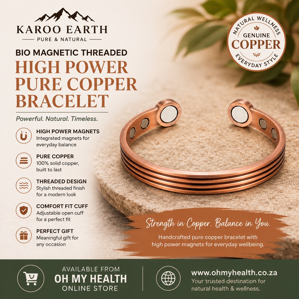 Bio Magnetic Threaded High Power Pure Copper Bracelet - Image 2