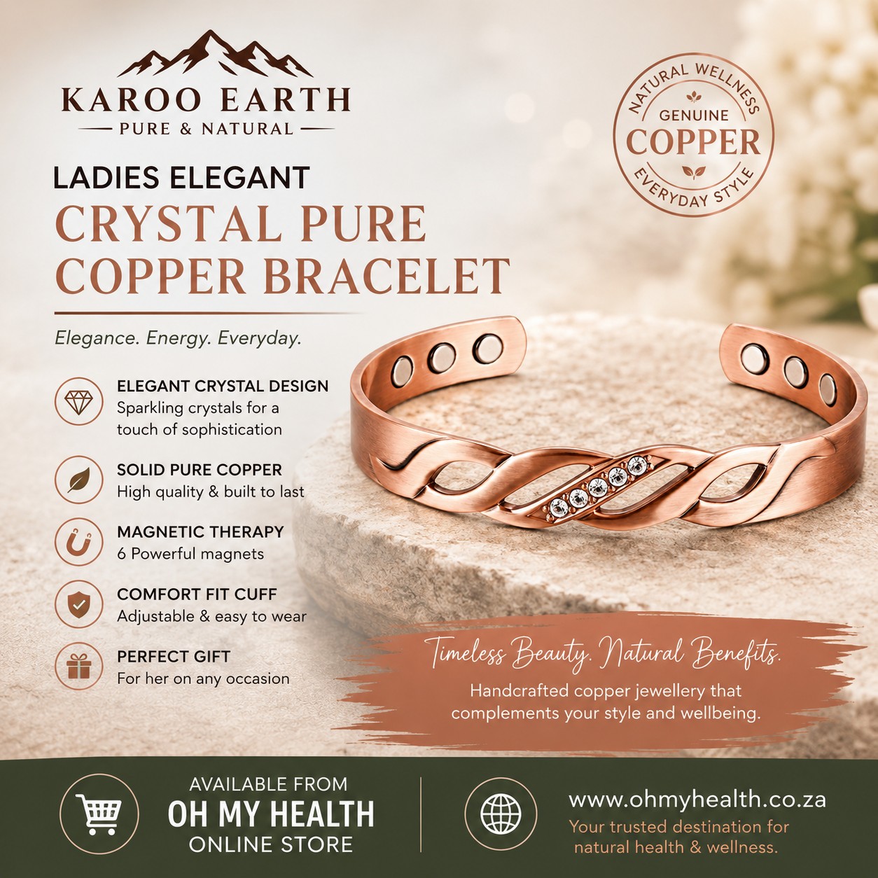 Ladies Elegant Crystal Pure Copper Bracelet - Image 2