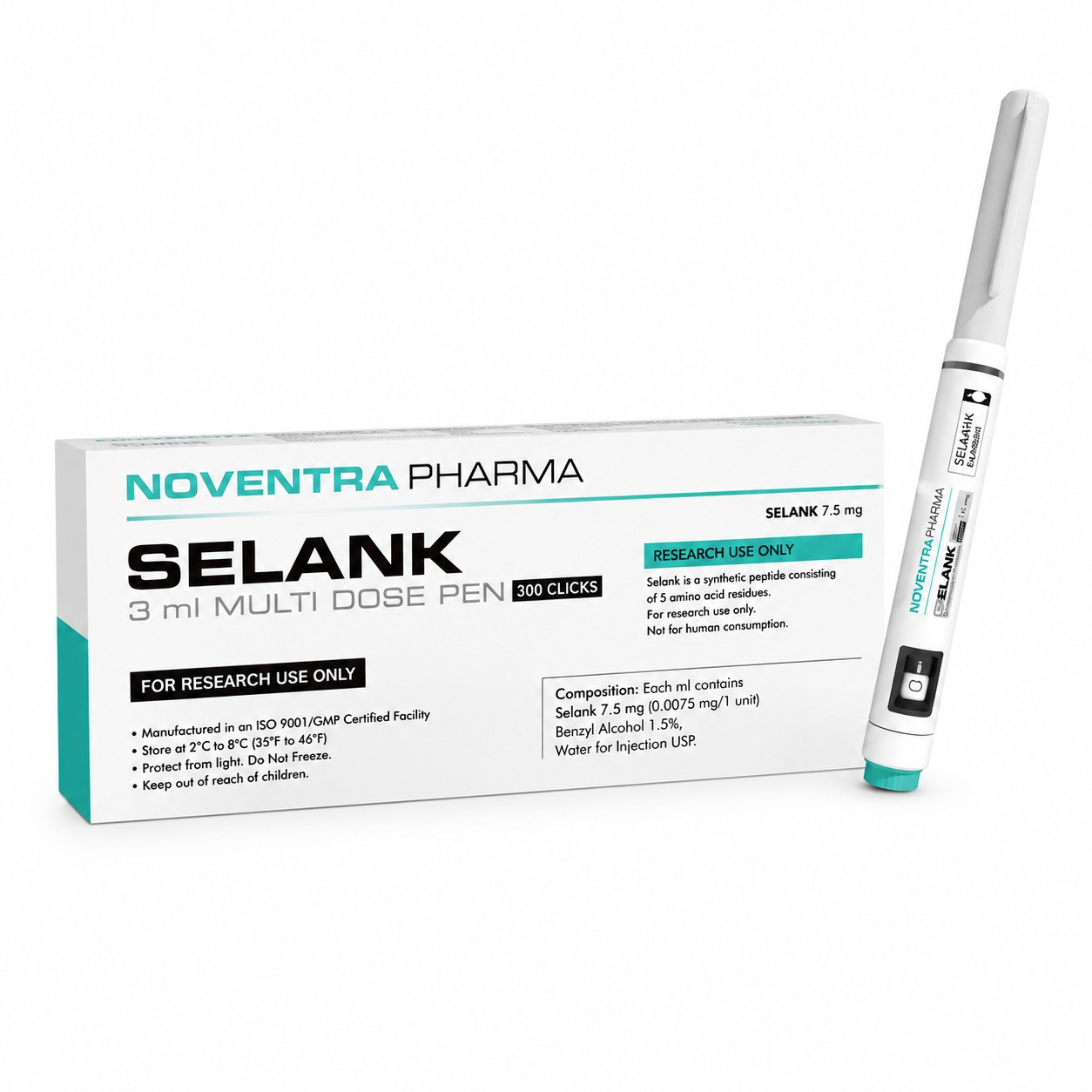 Noventra Pharma Selank 7.5mg Peptide Pen with multi-dose pen and product box