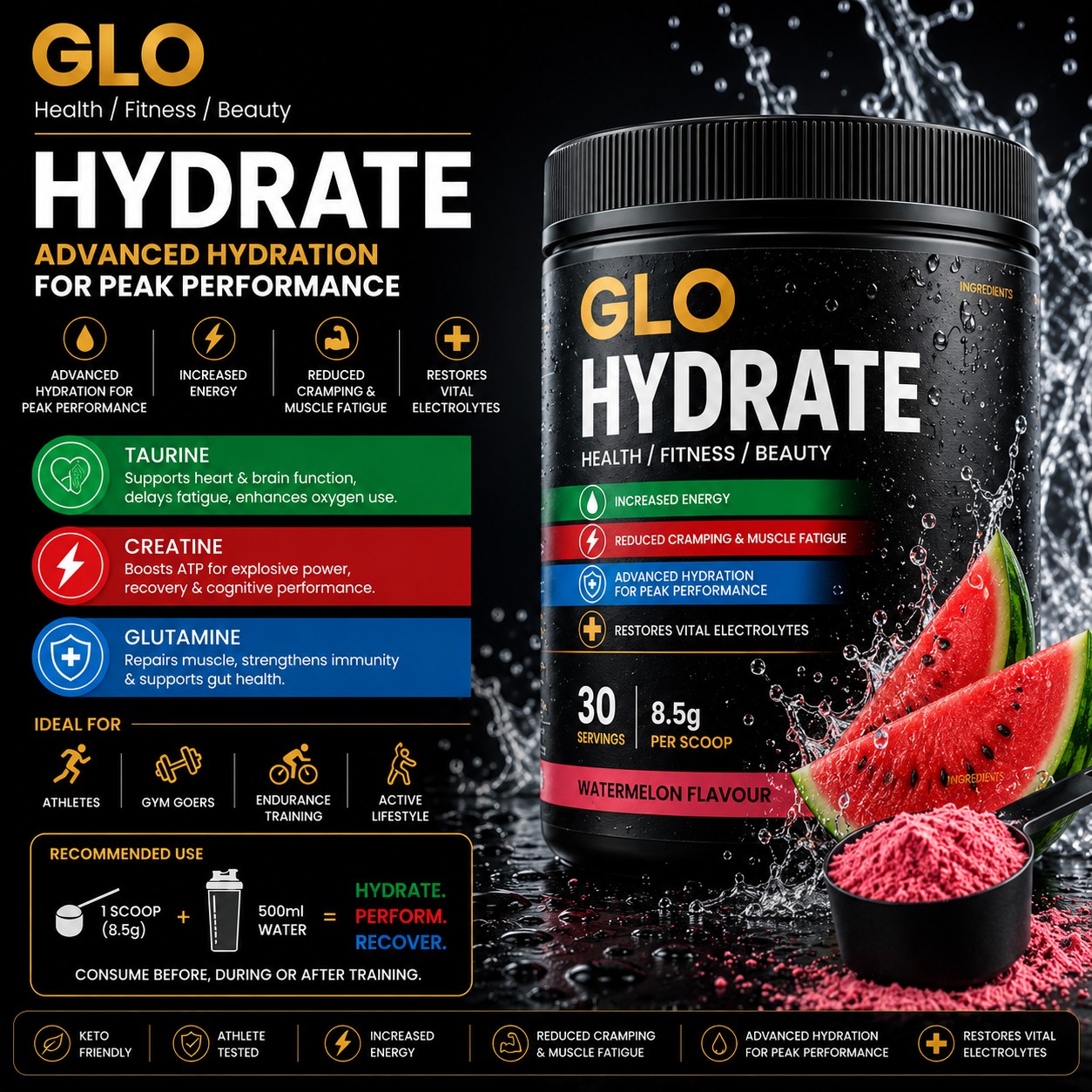 GLO Hydrate Watermelon electrolyte and performance hydration supplement