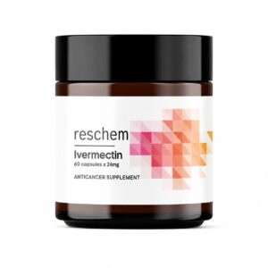 Reschem Ivermectin 24mg 60 Capsules broad-spectrum antiparasitic supplement in amber jar
