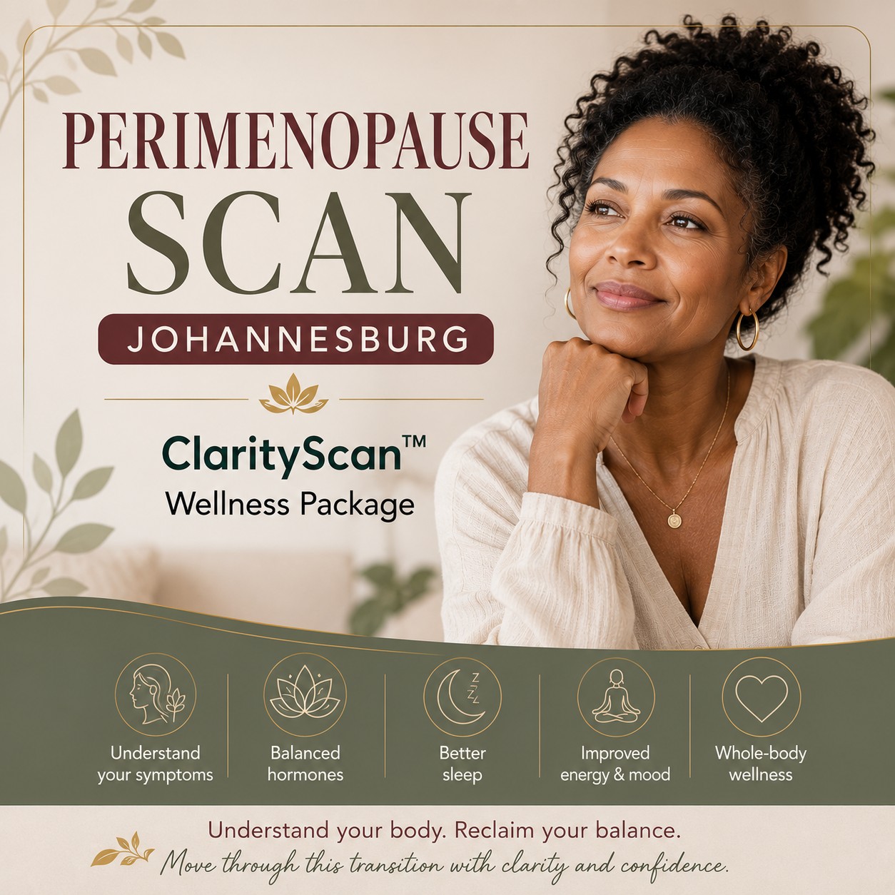 African woman promoting the Perimenopause Scan Johannesburg ClarityScan™ Wellness Package with Dr Carli Clark