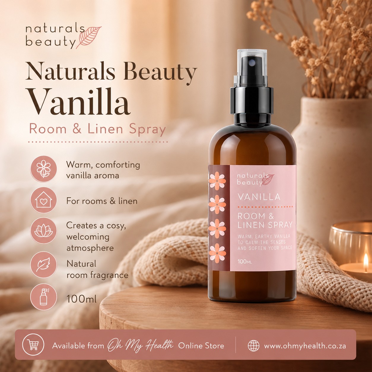 Naturals Beauty Vanilla Room & Linen Spray 100ml - Image 2