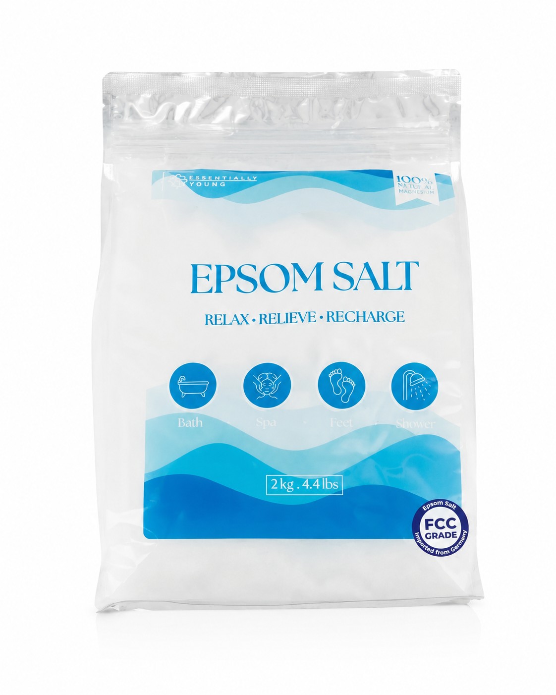 Essentially Young Epsom Salt 2kg FCC food grade for muscle recovery and relaxing bath soaks