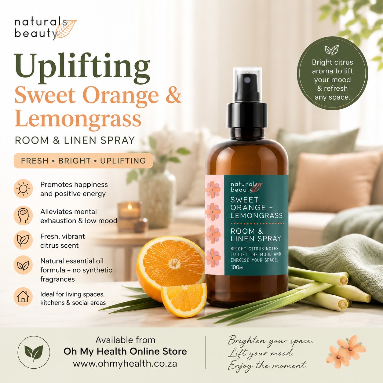 Naturals Beauty Sweet Orange & Lemongrass Room Spray 100ml - Image 2