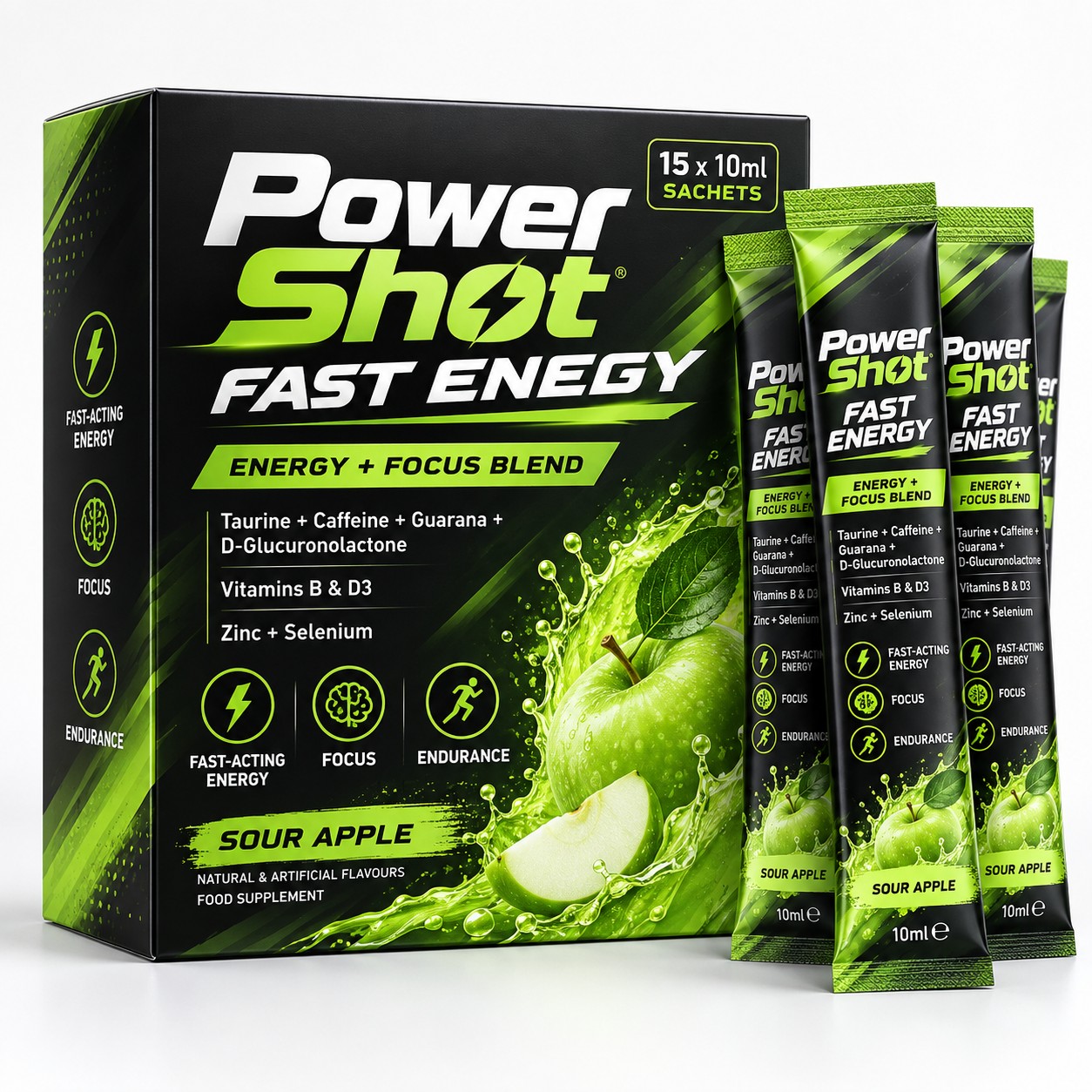 Power Shot Fast Energy 15 Sour Apple 10ml liquid energy sachets
