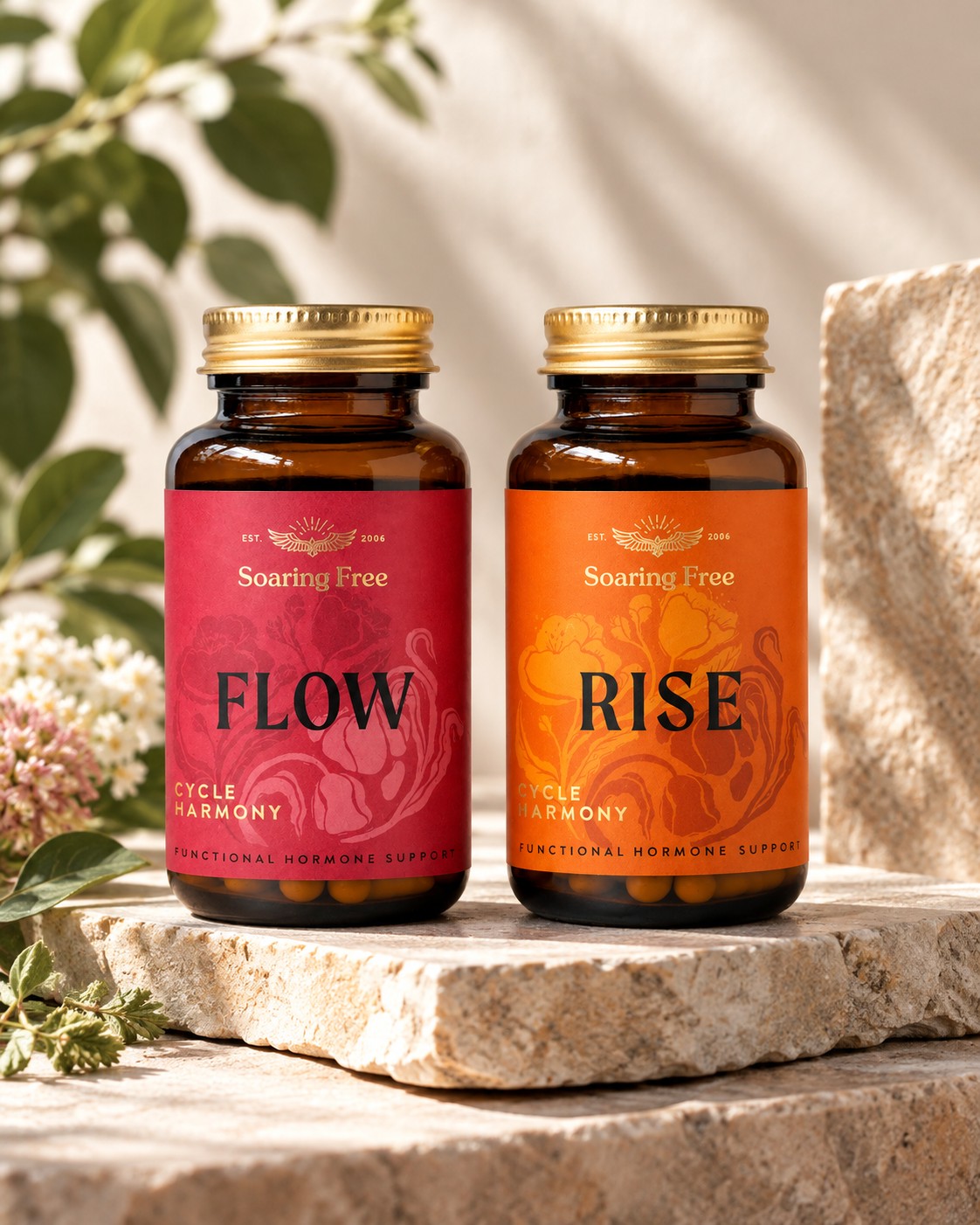 Soaring Free Cycle Harmony Rise and Flow bottles for phase-specific cycle support
